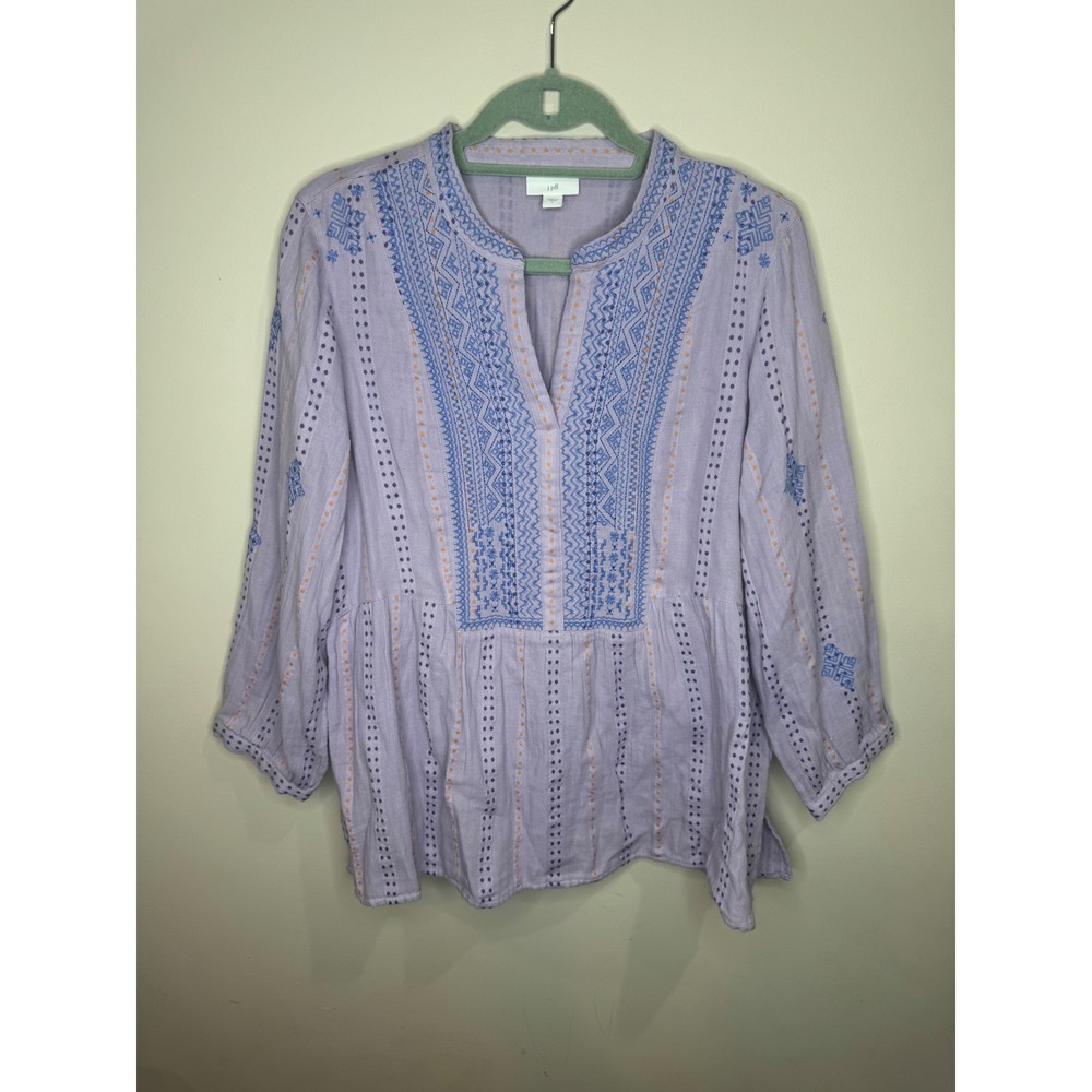 J. Jill lavender cotton boho peasant blouse blue orange embroidery sz L